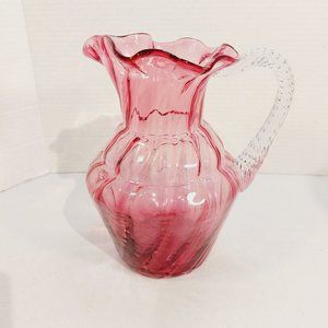 Vtg Rossi Cranberry  Glass Pitcher with Clear Glass Spiral Handle 9"